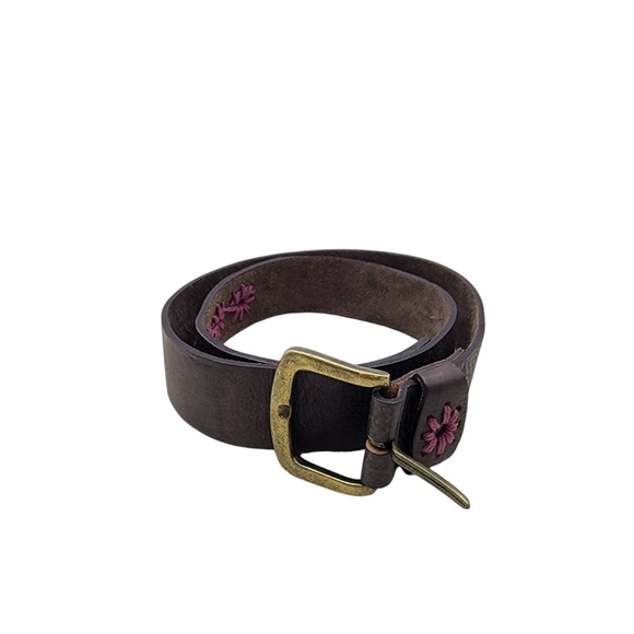 Women's Italian Leather Adjustable Buckle Floral Embroidered Belt - S/P - Picture 1 of 6